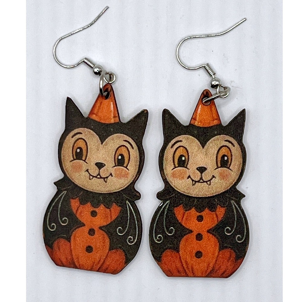 Unbranded Drop Earrings OS Orange New Vintage Halloween Cat Pumpkin Retro